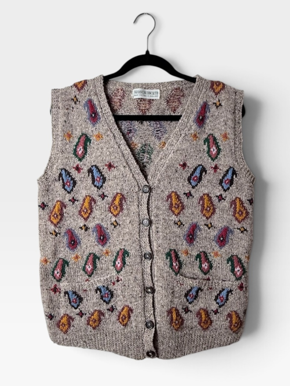 Vintage Susan Duckworth Paisley Knitted Vest Women's Size Large 100% Wool (D)